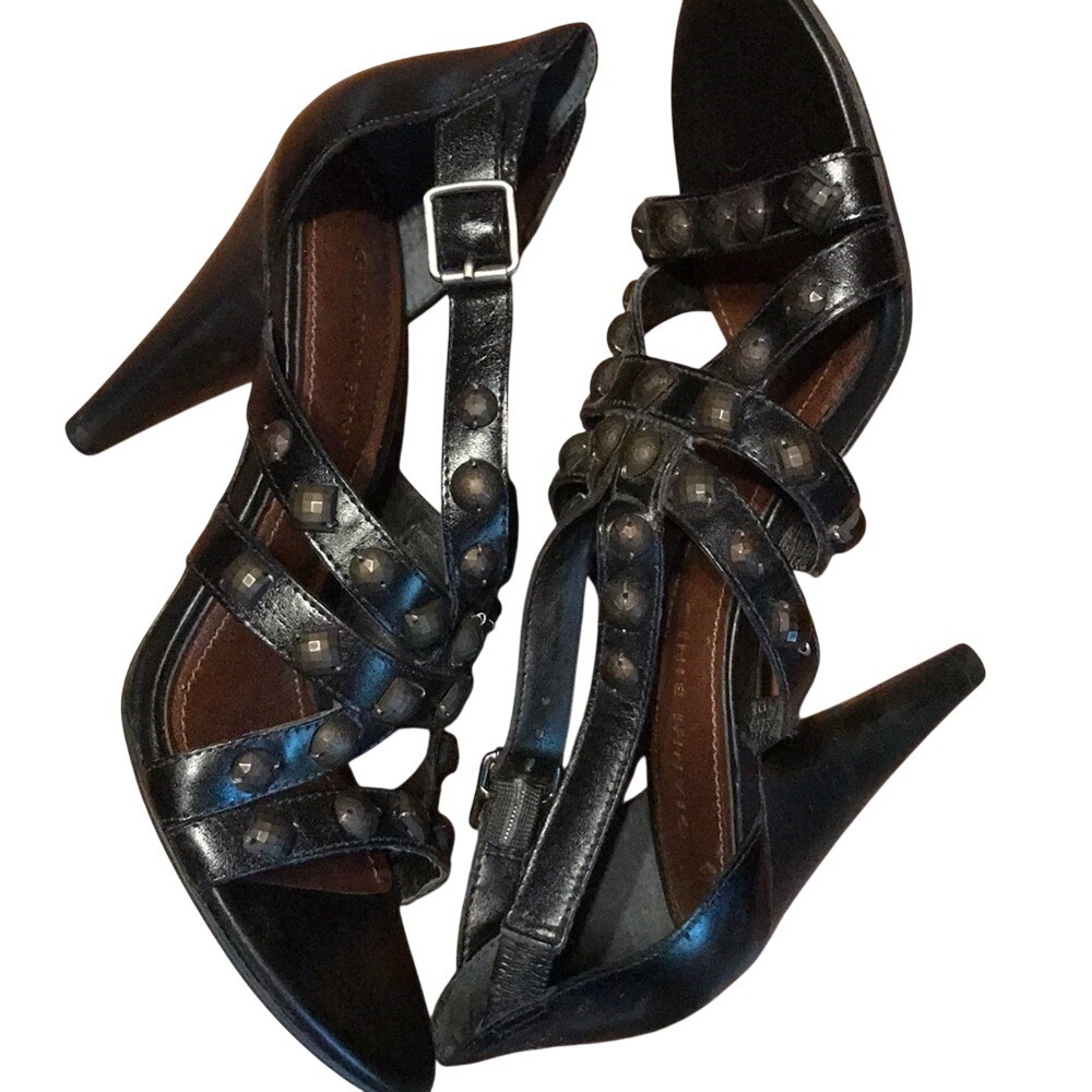 Gianni Bini Black Leather Studded Strappy Stiletto‎ Sandals Heels Size 7.5M